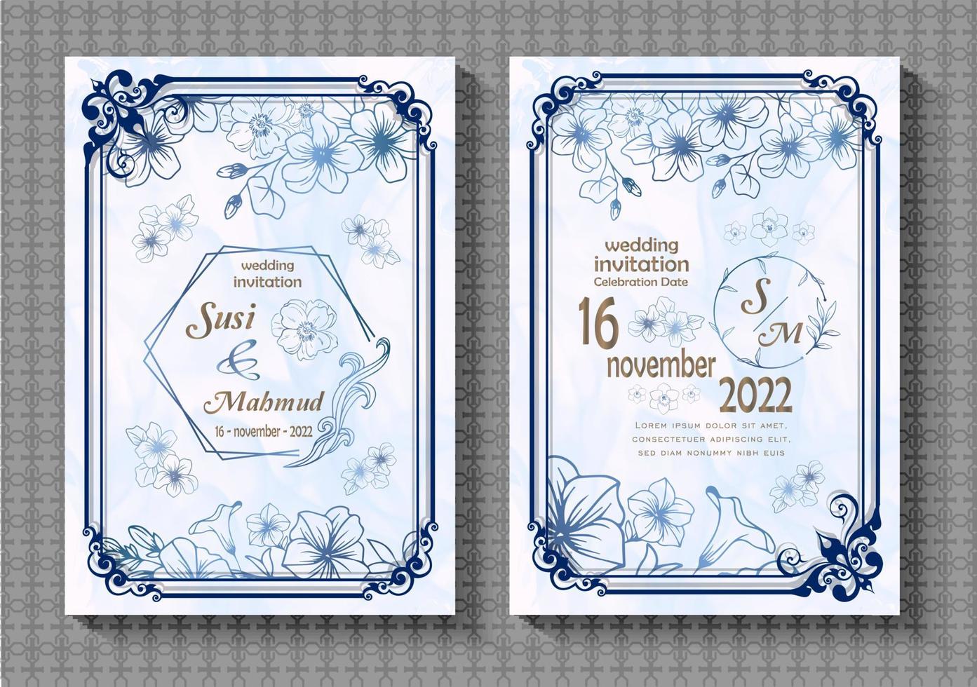 conjunto vectorial de plantillas de tarjetas de invitación de boda, diseños de marcos de borde y decoraciones florales, hojas, aisladas en un fondo blanco decorado con acuarela vector