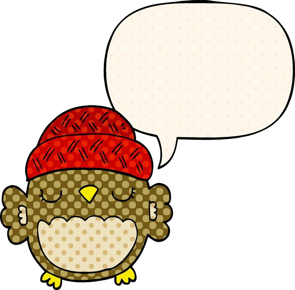 cute cartoon owl in hat and speech bubble in comic book style vector