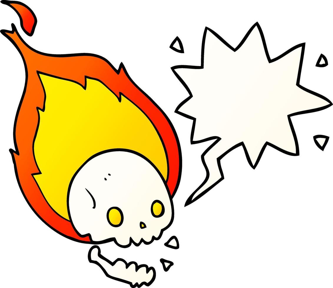 spooky cartoon flaming skull and speech bubble in smooth gradient style vector