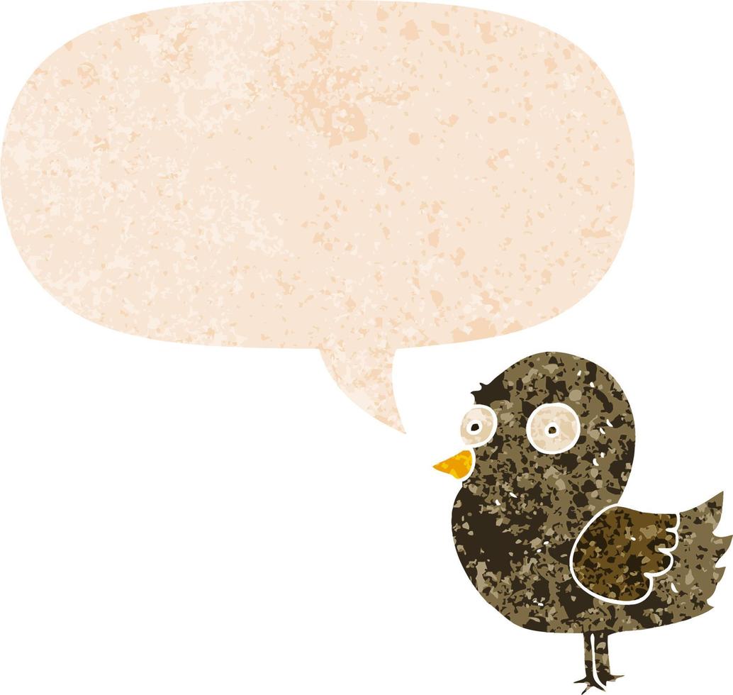 pájaro de dibujos animados y burbuja del habla en estilo retro texturizado vector