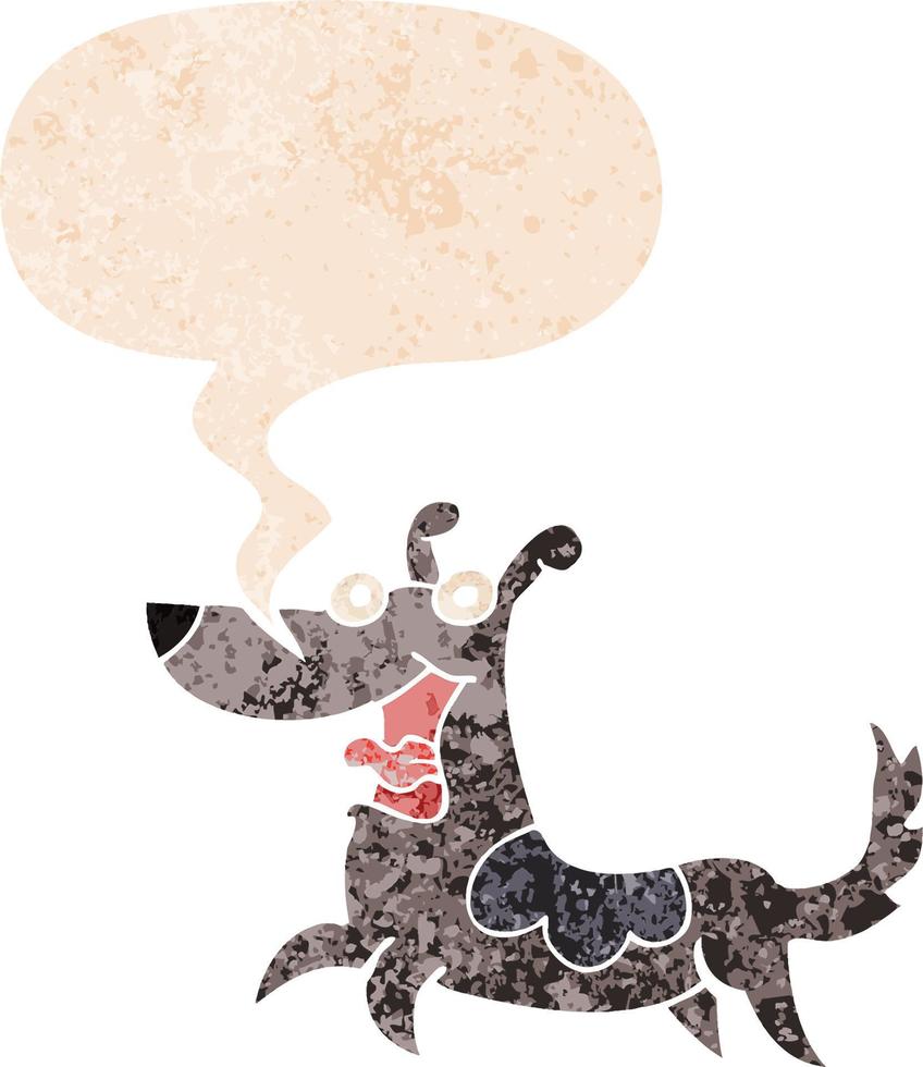 happy dog cartoon and speech bubble in retro textured style vector