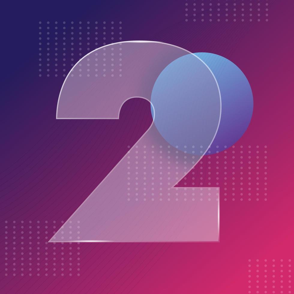 Glass morphism effect. Transparent frosted acrylic shape number 2 on purple blue gradient bacground Realistic glassmorphism matte plexiglass rectangle shapes. Futuristic style banner. Vector