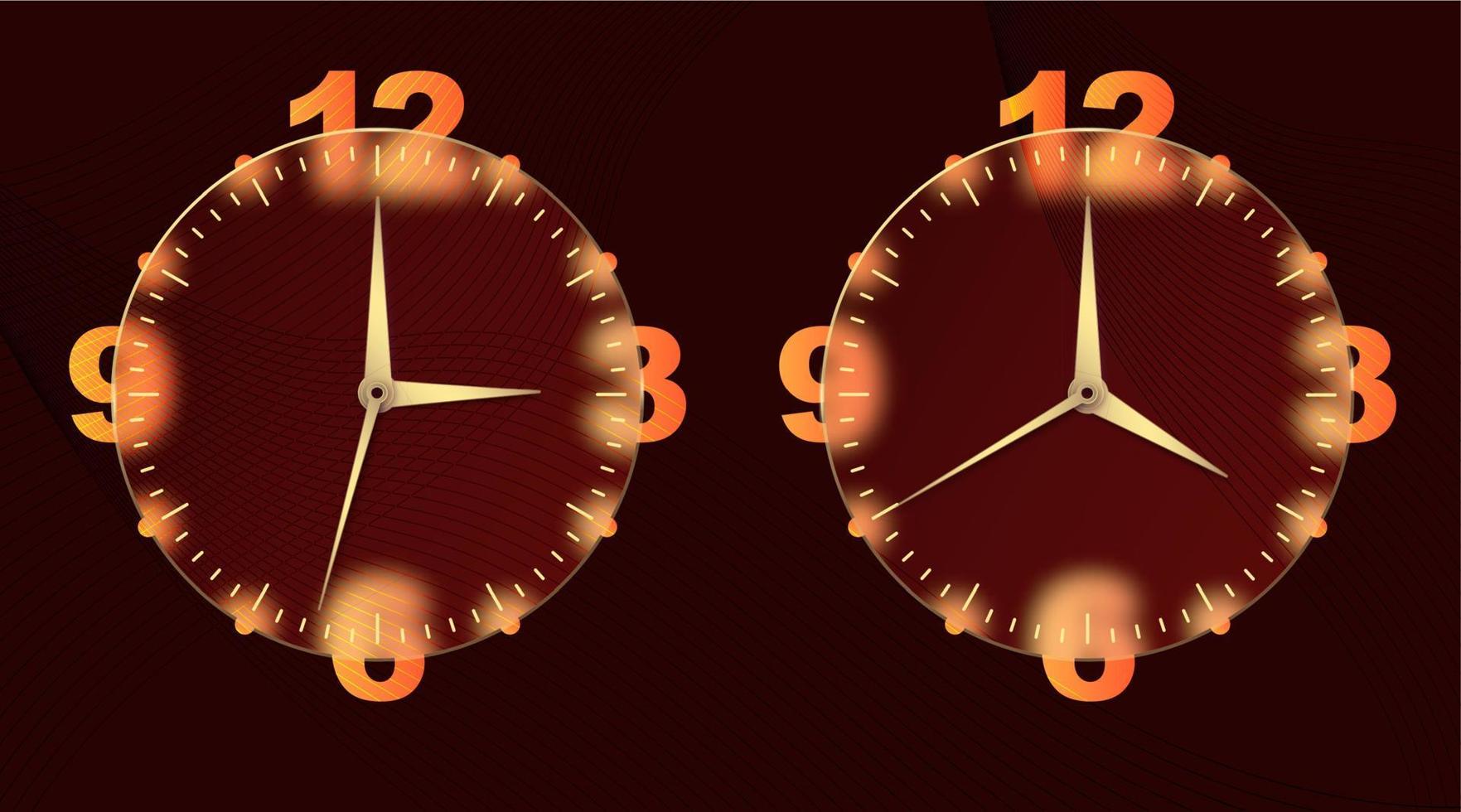 Clock glassmorphism effect. Set 3d style round timer Gold clock face and hands for mobile app design. Business icon. Modern concept background. Indication of time. Vector illustration