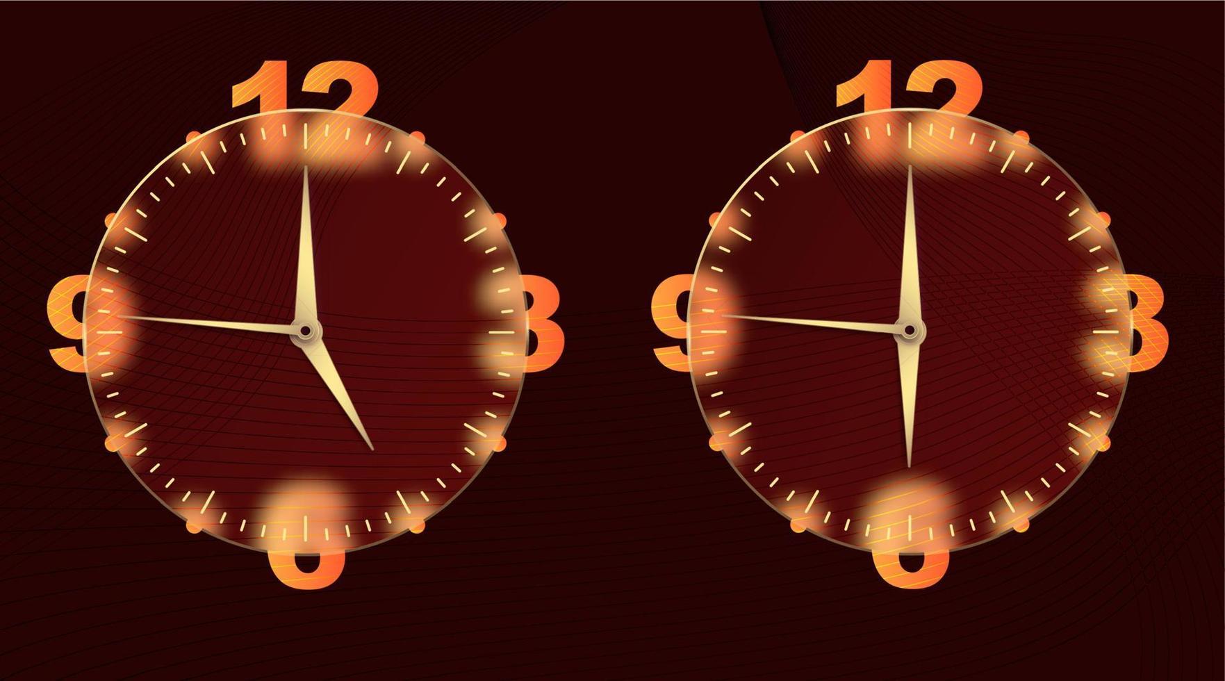 Clock glassmorphism effect. Set 3d style round timer Gold clock face and hands for mobile app design. Business icon. Modern concept background. Indication of time. Vector illustration