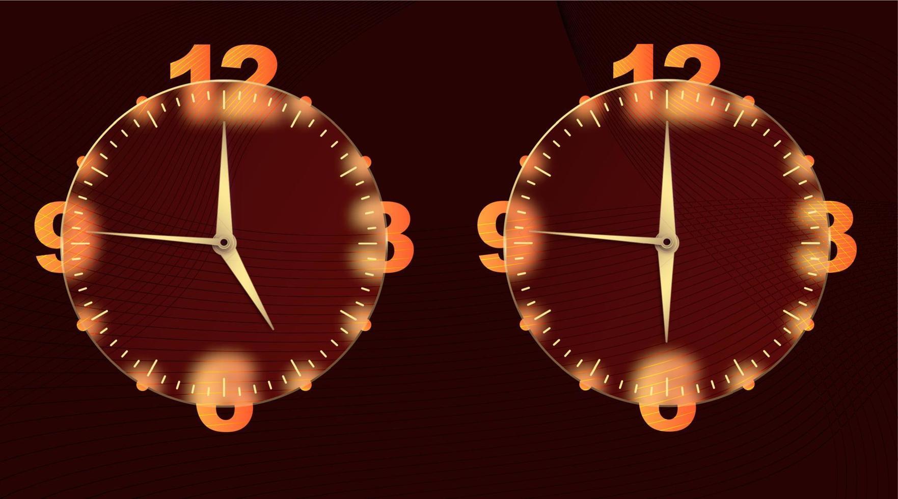 Clock glassmorphism effect. Set 3d style round timer Gold clock face and hands for mobile app design. Business icon. Modern concept background. Indication of time. Vector illustration