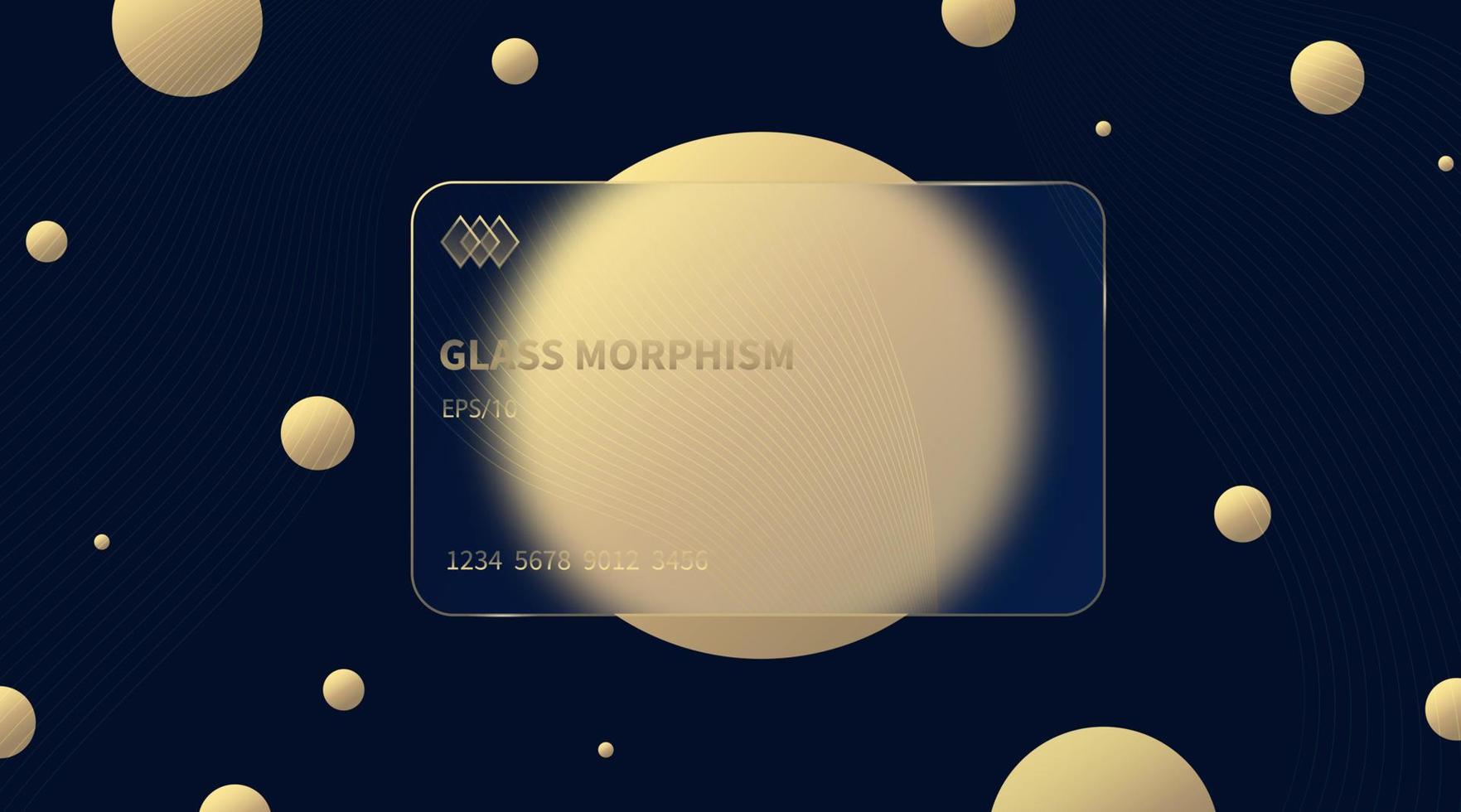 Glass morphism effect. Transparent frosted acrylic bank card. Gold gradient circles on black blue background. Realistic glassmorphism matte plexiglass shape. Vector