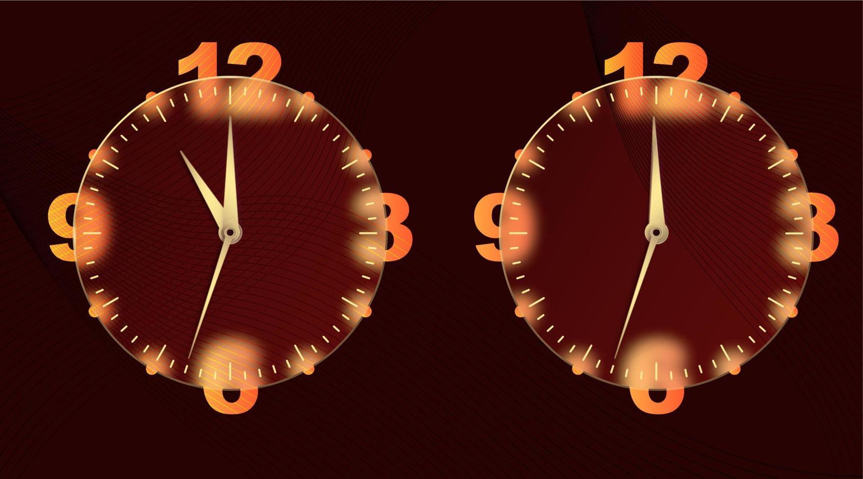 Clock glassmorphism effect. Set 3d style round timer Gold clock face and hands for mobile app design. Business icon. Modern concept background. Indication of time. Vector illustration