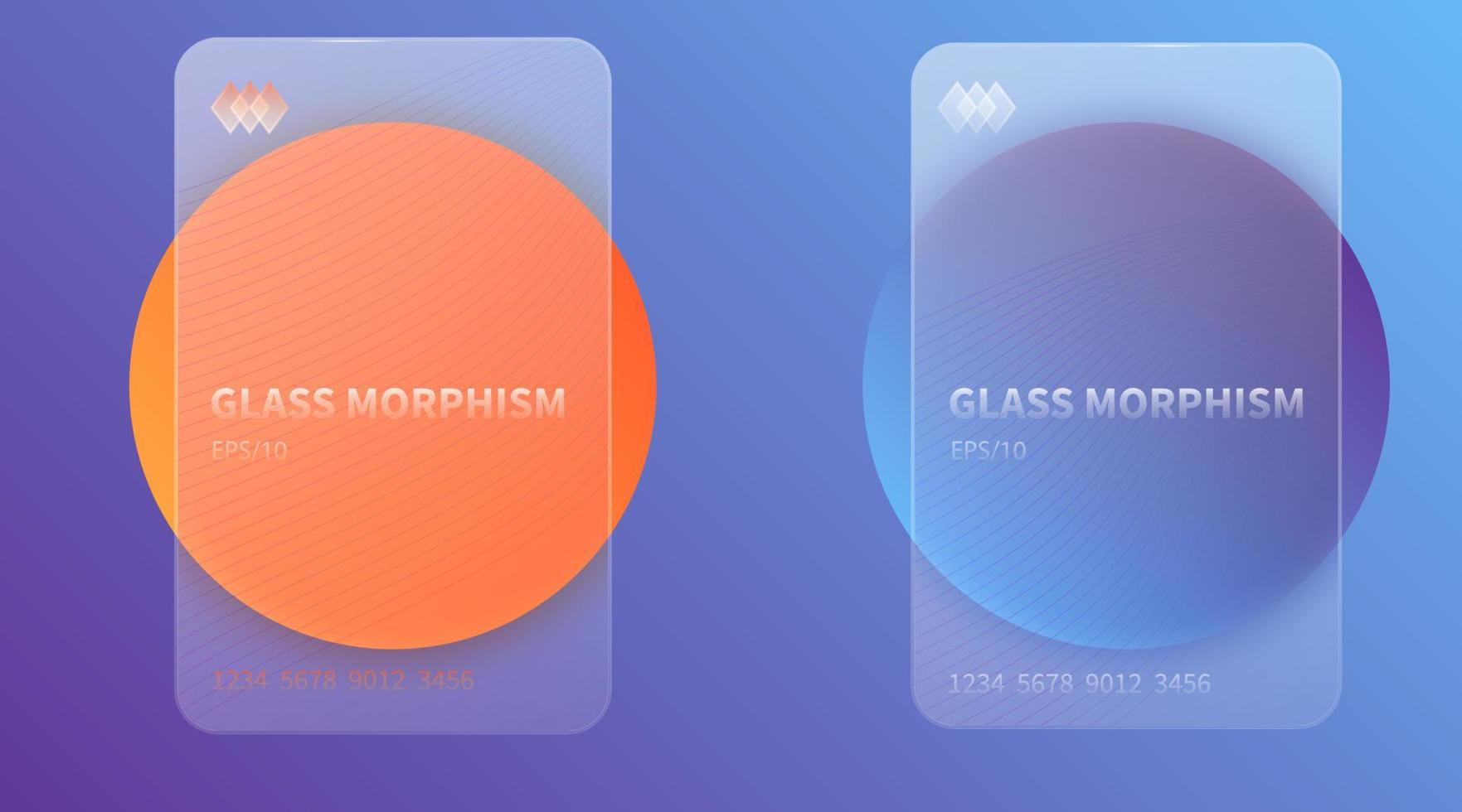 efecto de morfismo de vidrio. tarjetas acrílicas esmeriladas transparentes en círculos de degradado naranja y azul formas realistas de rectángulo de plexiglás mate de morfismo de vidrio. pancarta de estilo futurista. vector