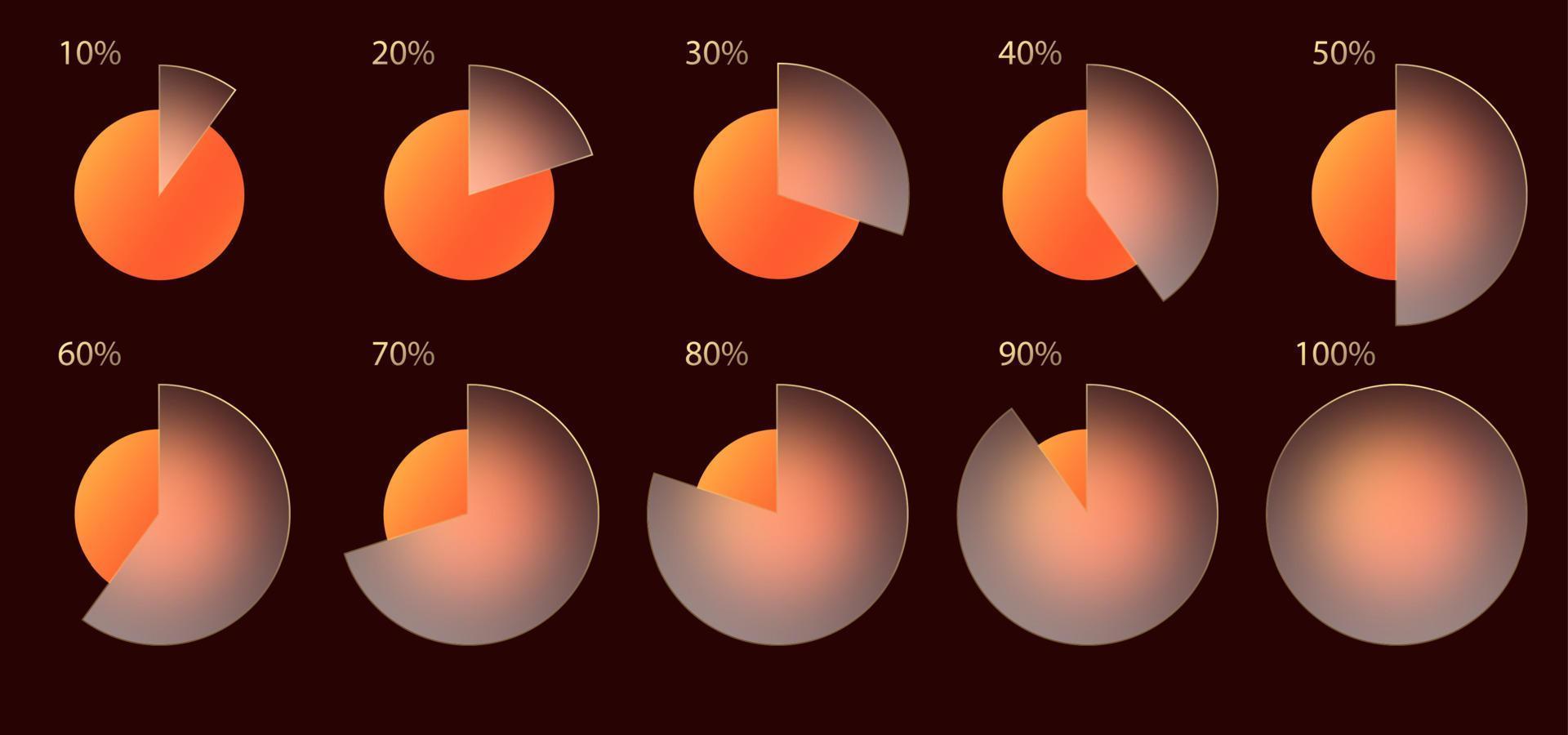 efecto de morfismo de vidrio. conjunto de porcentaje de infografía de gráfico de acrílico esmerilado transparente. círculos degradados de color amarillo anaranjado sobre fondo marrón oscuro. forma realista de plexiglás mate de morfismo de vidrio. vector