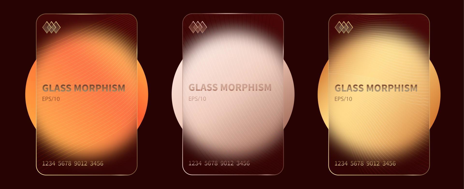 Glass morphism effect. Transparent frosted acrylic bank cards. Orange yellow gradient circles on dark brown background. Realistic glassmorphism matte plexiglass shape. Vector