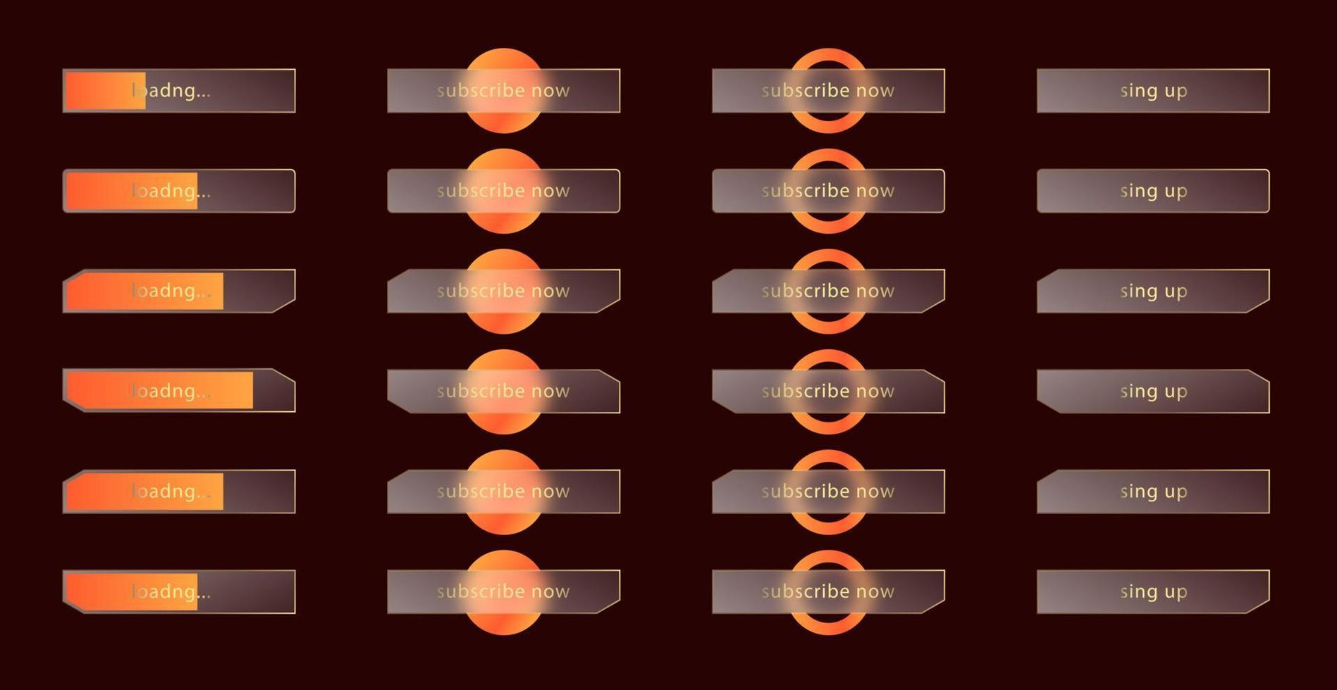 Glass morphism effect. Set of transparent frosted acrylic buttons and loading bars. Orange yellow gradient circles on dark brown background. Realistic glassmorphism matte plexiglass shape. Vector