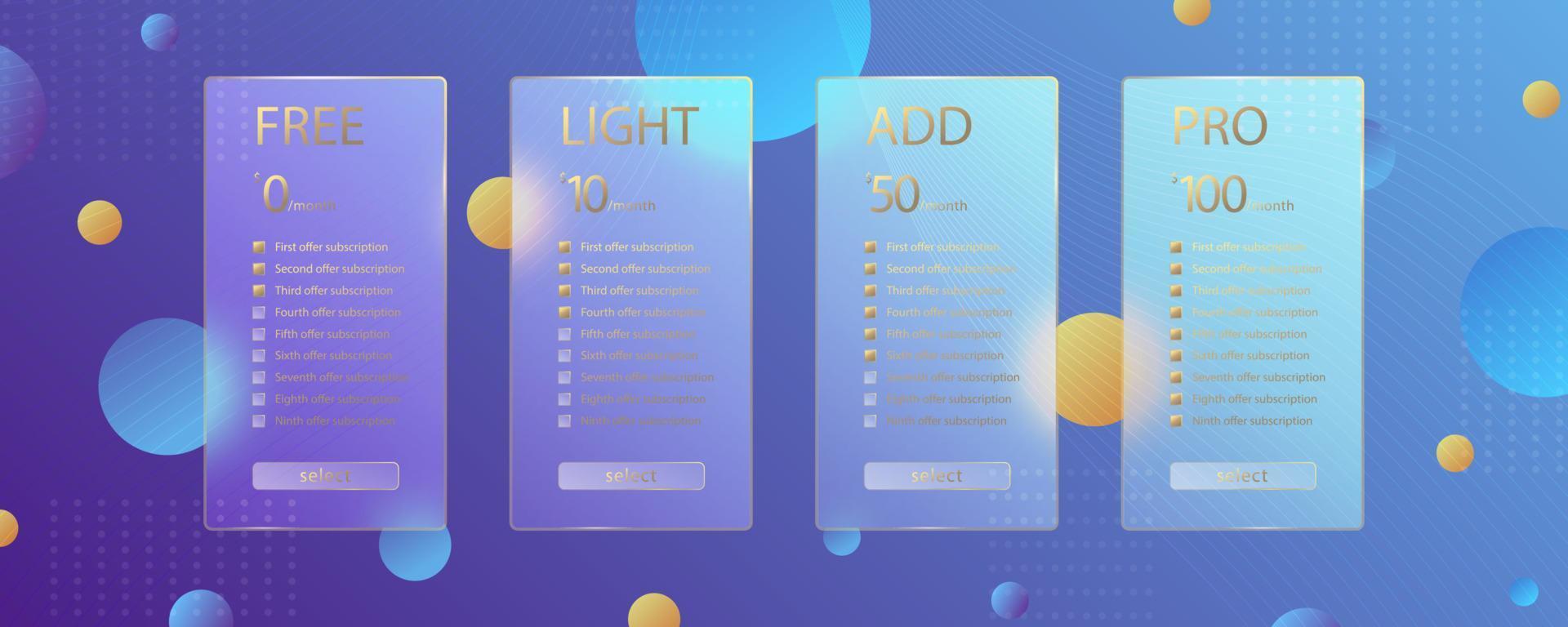 Glass morphism effect. Transparent frosted acrylic card. Subscription plan select. Yellow gradient circles on violet blue background. Realistic glassmorphism matte plexiglass shape. Vector