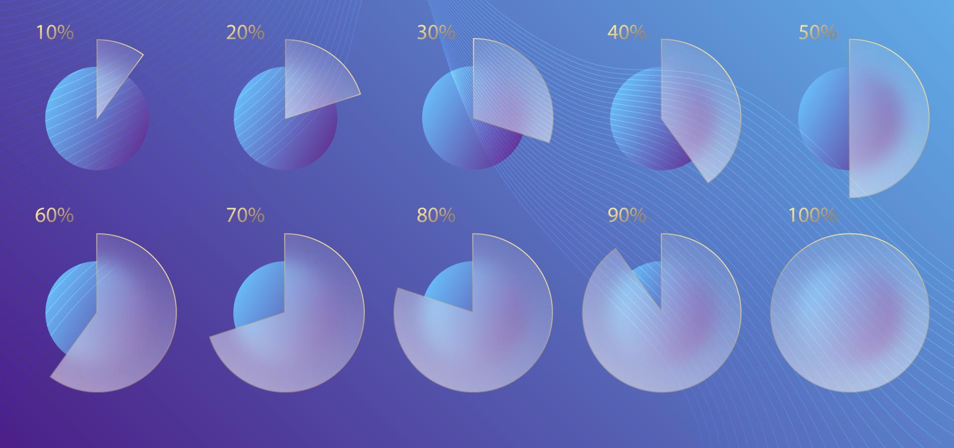 Glass morphism effect. Set of transparent frosted acrylic chart infographic percent. Blue gradient circles on violet background. Realistic glassmorphism matte plexiglass shape. Vector