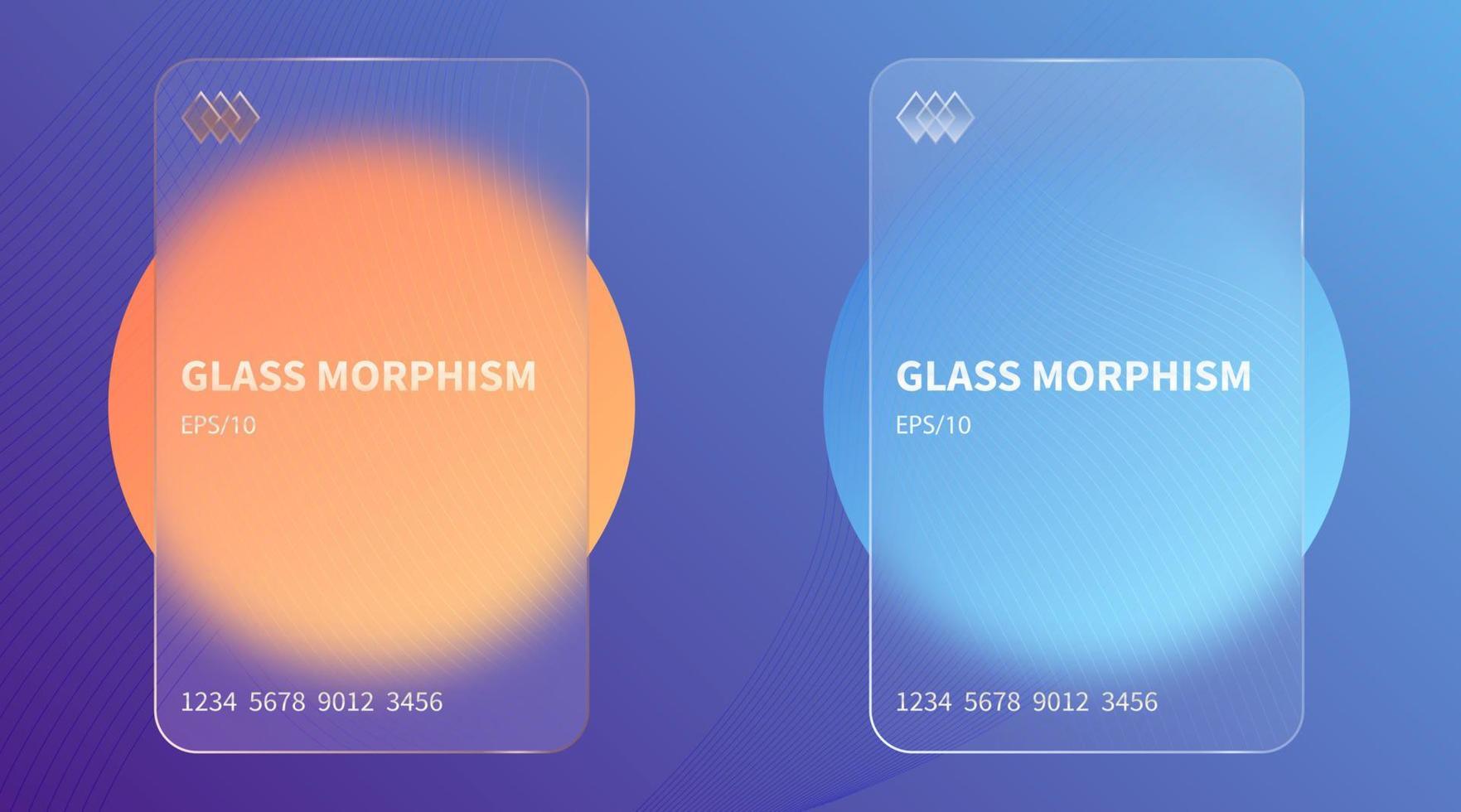 Glass morphism effect. Transparent frosted acrylic bank cards. Orange yellow gradient circles on violet blue background. Realistic glassmorphism matte plexiglass shape. Vector