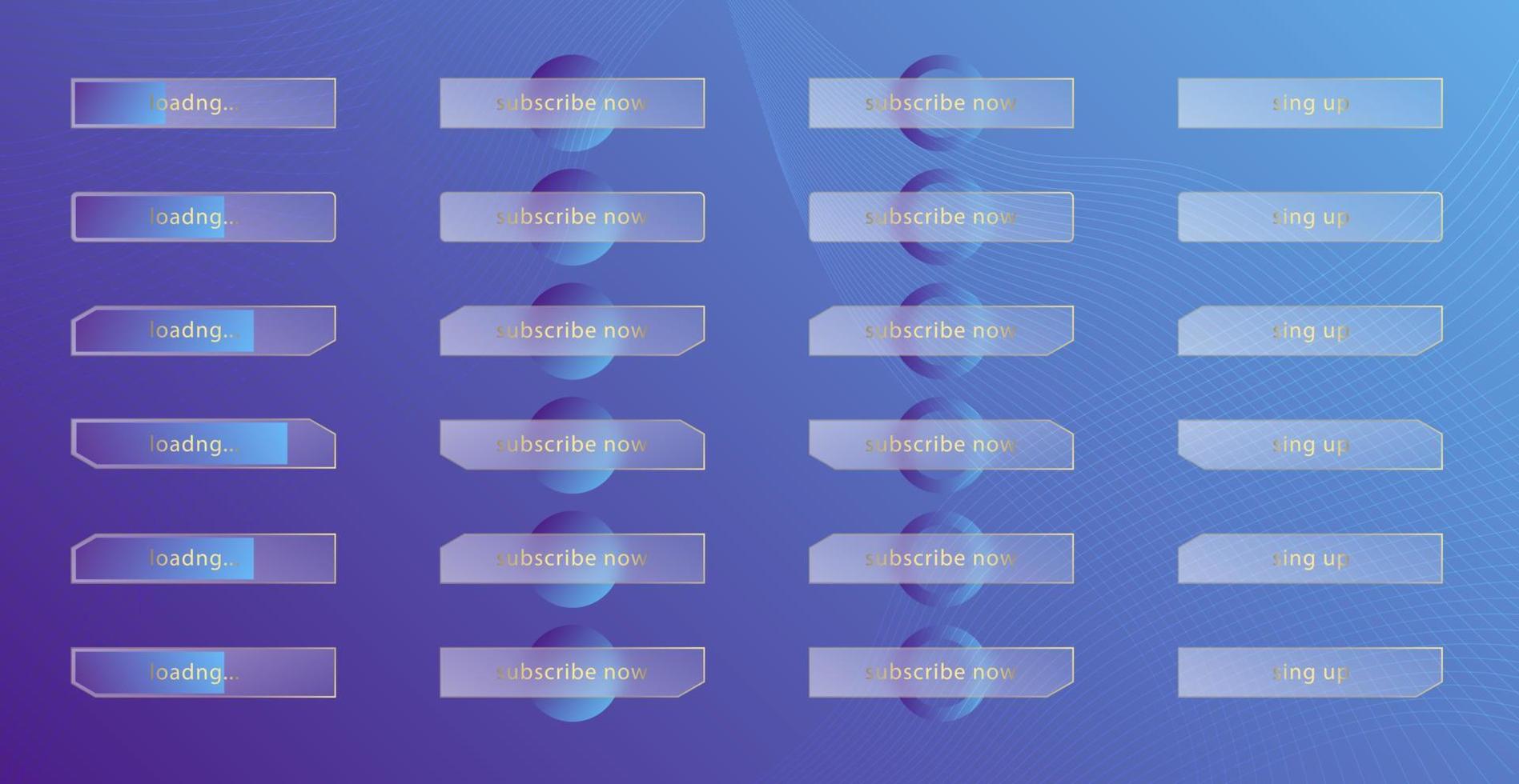 Glass morphism effect. Set of transparent frosted acrylic buttons and loading bars. Blue gradient circles on violet background. Realistic glassmorphism matte plexiglass shape. Vector