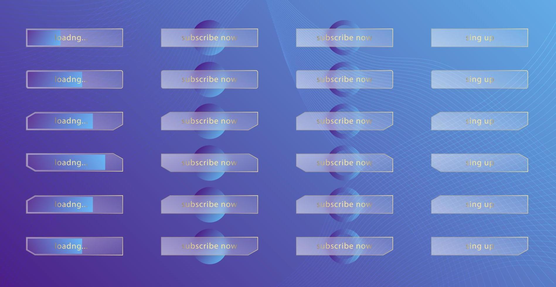 efecto de morfismo de vidrio. conjunto de botones de acrílico esmerilado transparente y barras de carga. círculos degradados azules sobre fondo violeta. forma realista de plexiglás mate de morfismo de vidrio. vector