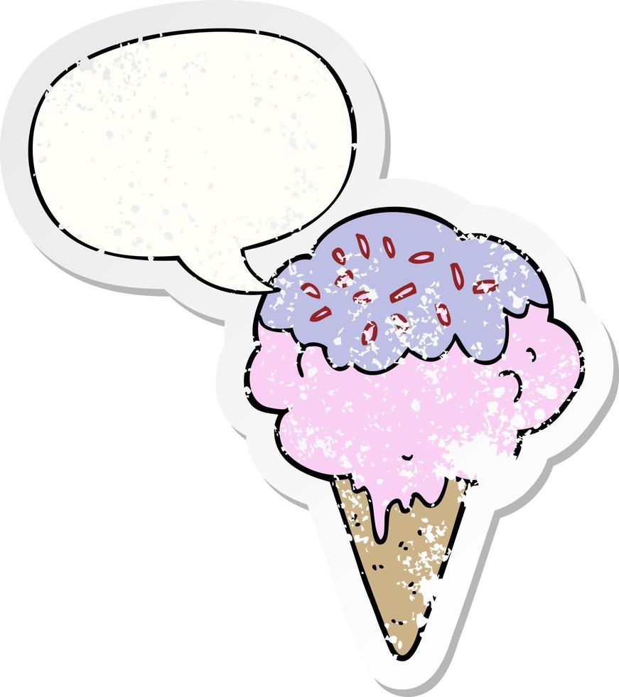 helado de dibujos animados y etiqueta engomada angustiada de la burbuja del discurso vector