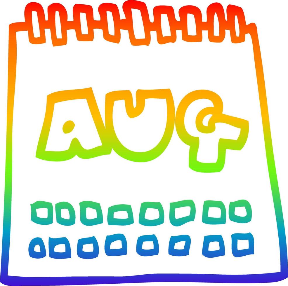 calendario de dibujos animados de dibujo de línea de gradiente de arco iris que muestra el mes de agosto vector