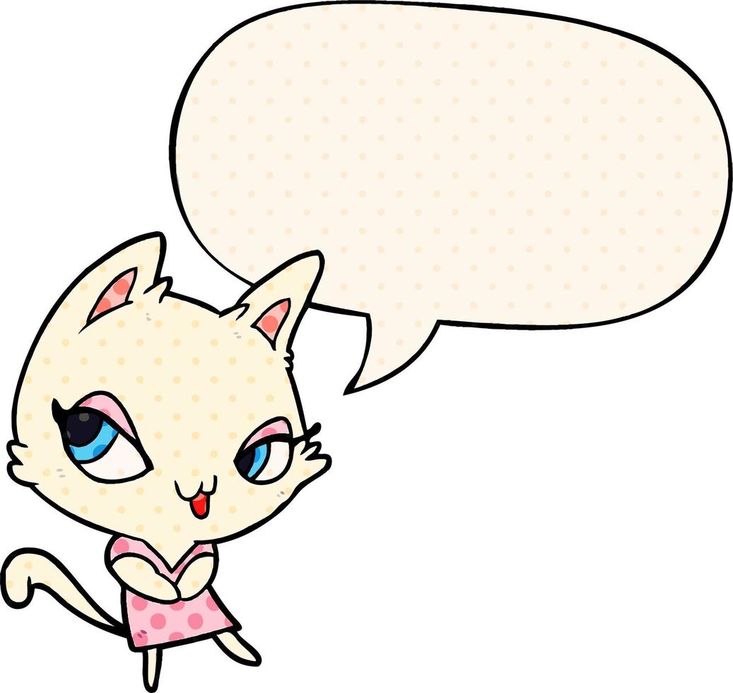 cute cartoon female cat and speech bubble in comic book style vector