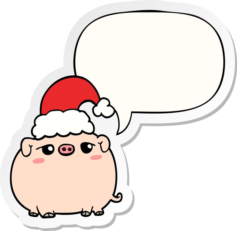 cartoon pig wearing christmas hat and speech bubble sticker vector