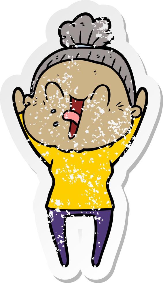 distressed sticker of a cartoon happy old woman vector