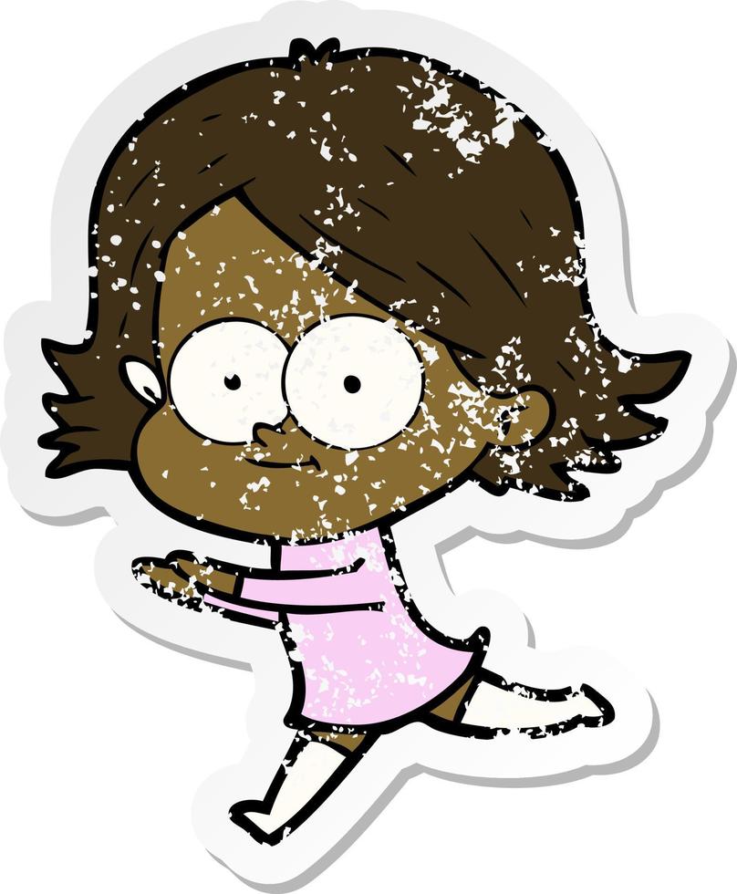 distressed sticker of a happy cartoon girl vector