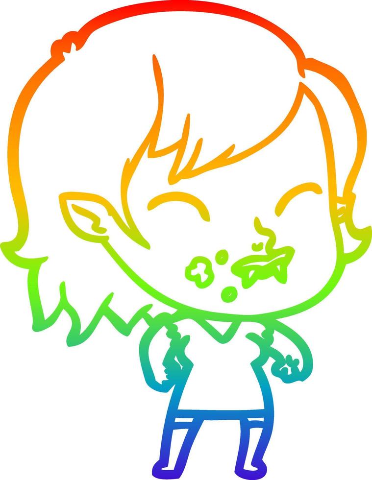 rainbow gradient line drawing cartoon vampire girl with blood on cheek vector