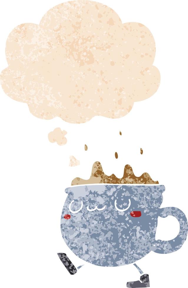 cartoon coffee cup walking and thought bubble in retro textured style vector