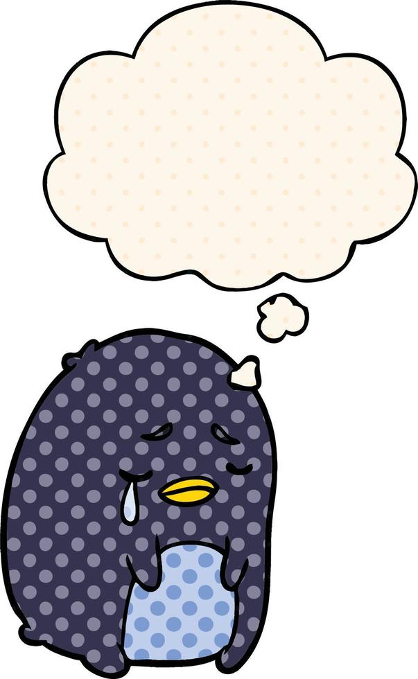 cartoon crying penguin and thought bubble in comic book style vector