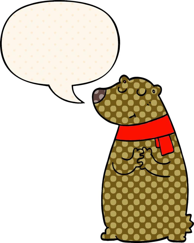cartoon bear wearing scarf and speech bubble in comic book style vector