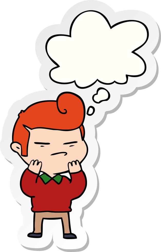 cartoon cool guy with fashion hair cut and thought bubble as a printed sticker vector