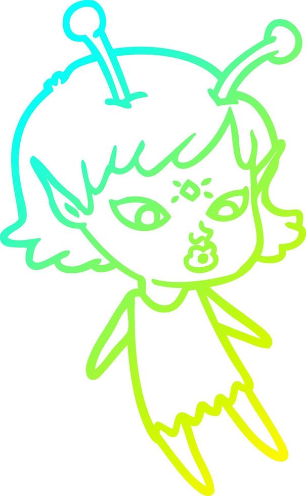 cold gradient line drawing pretty cartoon alien girl vector