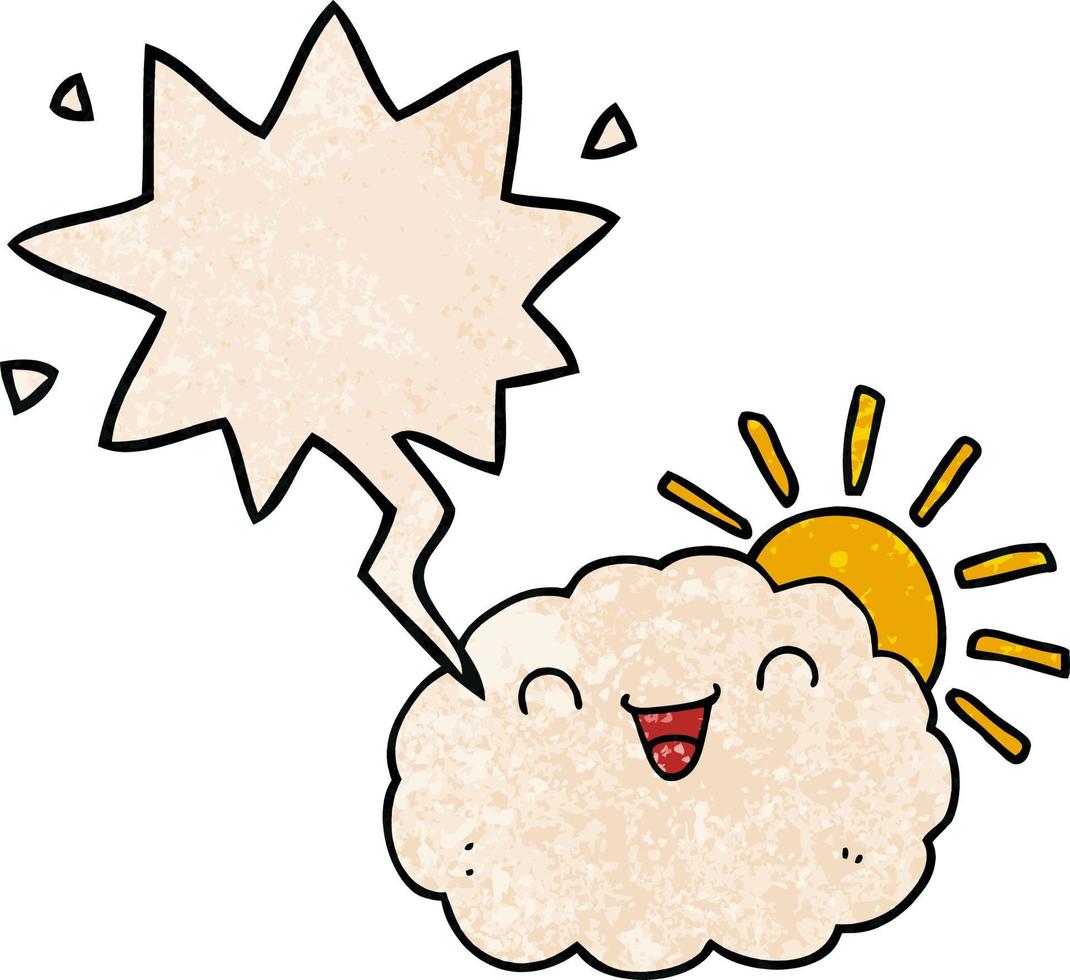 happy cartoon cloud and speech bubble in retro texture style vector