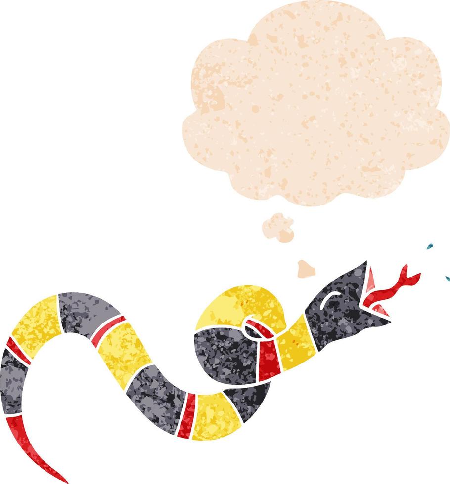 cartoon hissing snake and thought bubble in retro textured style vector