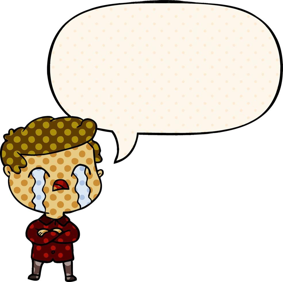 cartoon man crying and speech bubble in comic book style vector