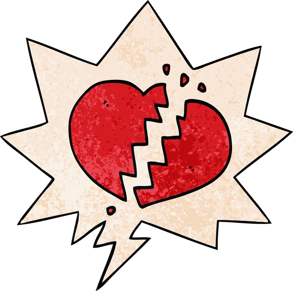 caricatura, corazón roto, y, burbuja del discurso, en, retro, textura, estilo vector