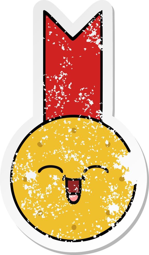 distressed sticker of a cute cartoon gold medal vector