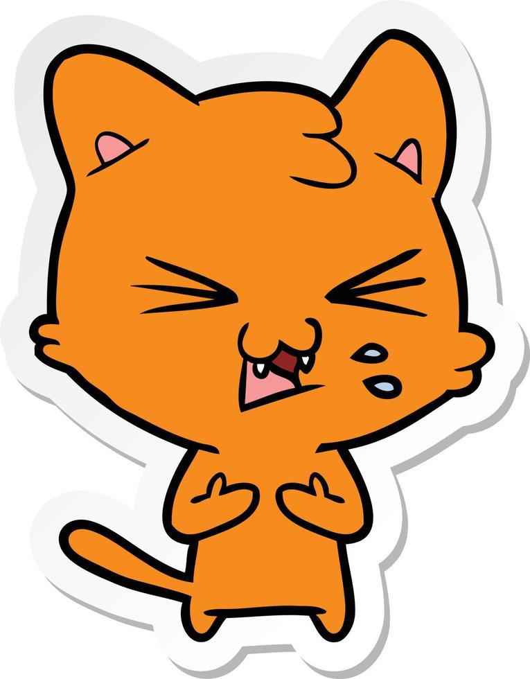 sticker of a cartoon hissing cat vector