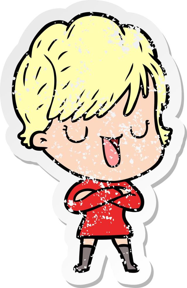 distressed sticker of a cartoon woman talking vector