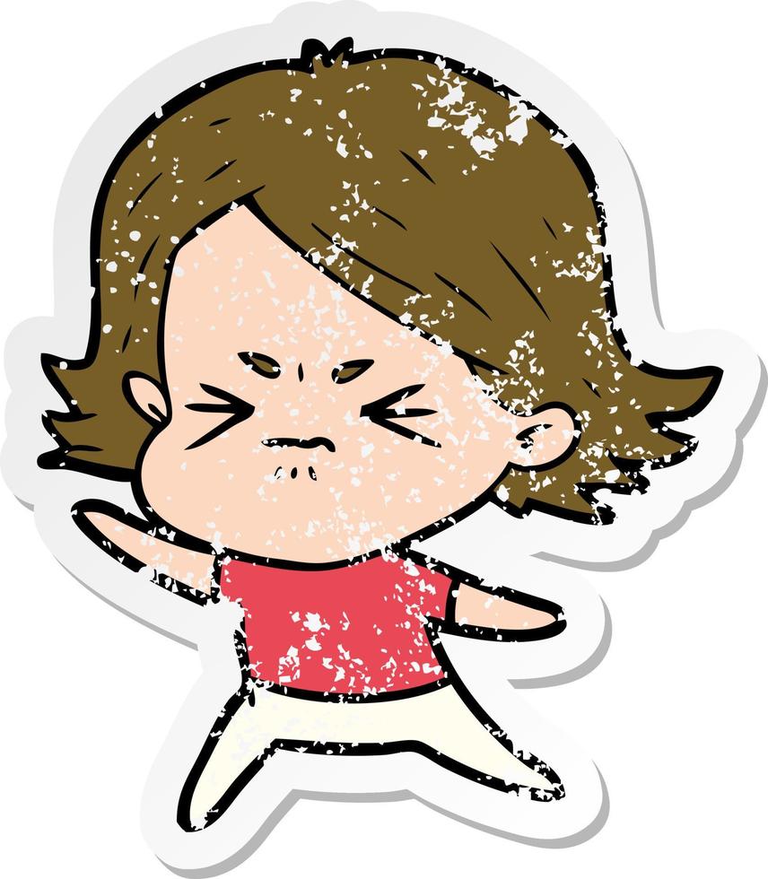 distressed sticker of a cartoon angry girl vector