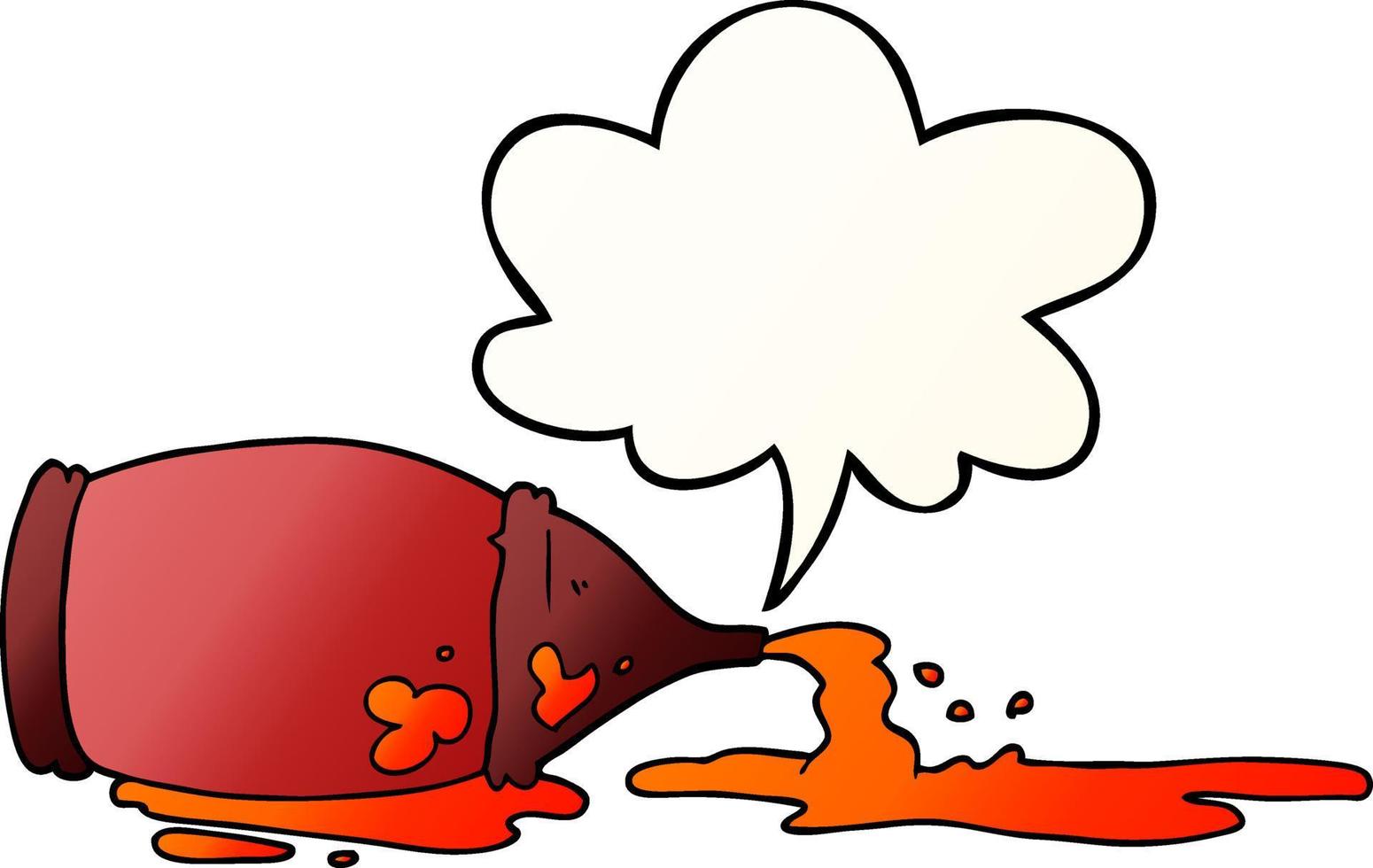cartoon spilled ketchup bottle and speech bubble in smooth gradient style vector