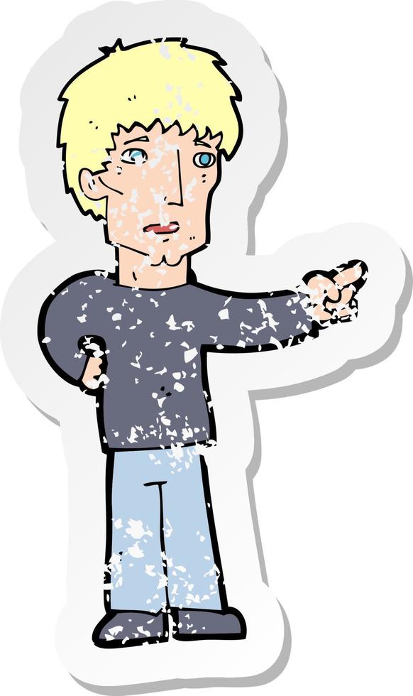 pegatina retro angustiada de un hombre señalador de dibujos animados vector