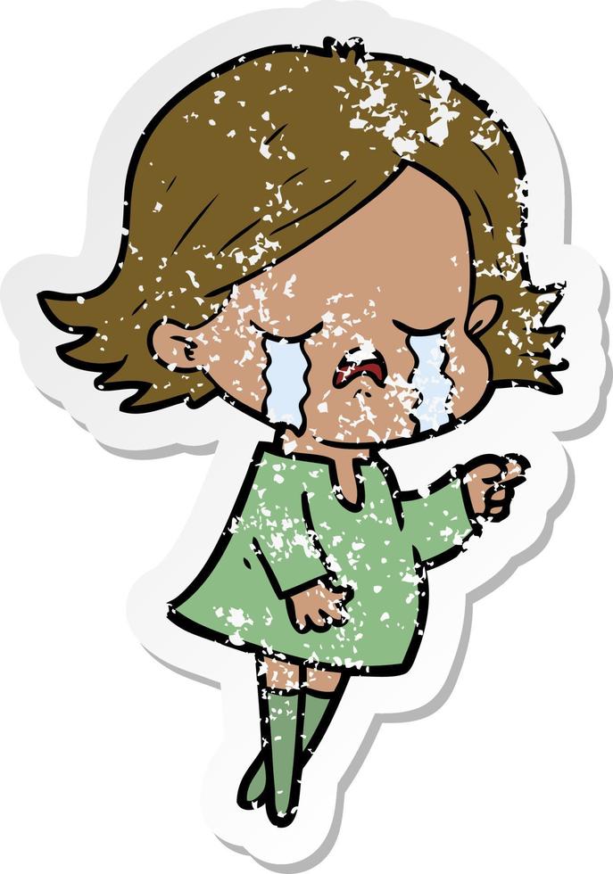 distressed sticker of a cartoon girl crying vector