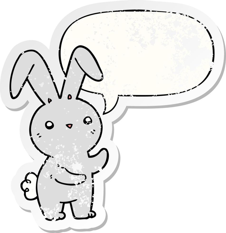 cute cartoon rabbit and speech bubble distressed sticker vector