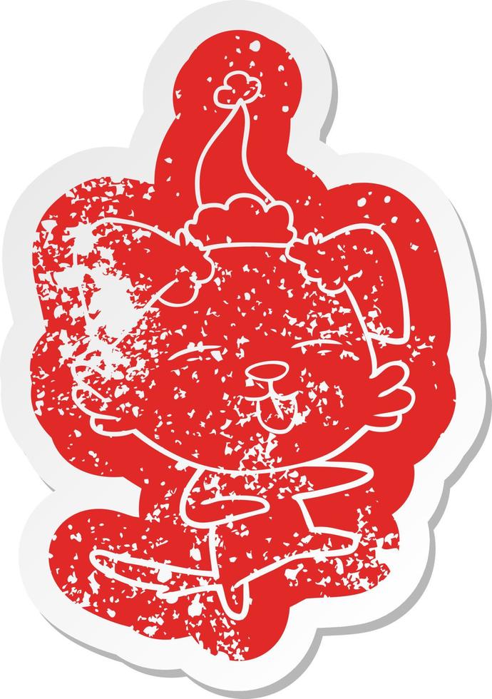 cartoon distressed sticker of a dog dancing wearing santa hat vector