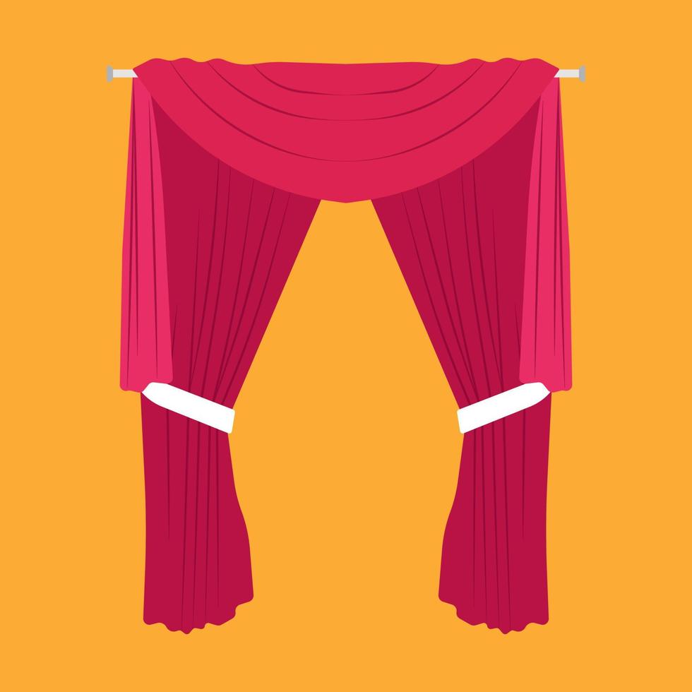 Curtain red stage vector flat icon art. Backdrop velvet classic open textile fabric frame. Interior drapery tassel room hall