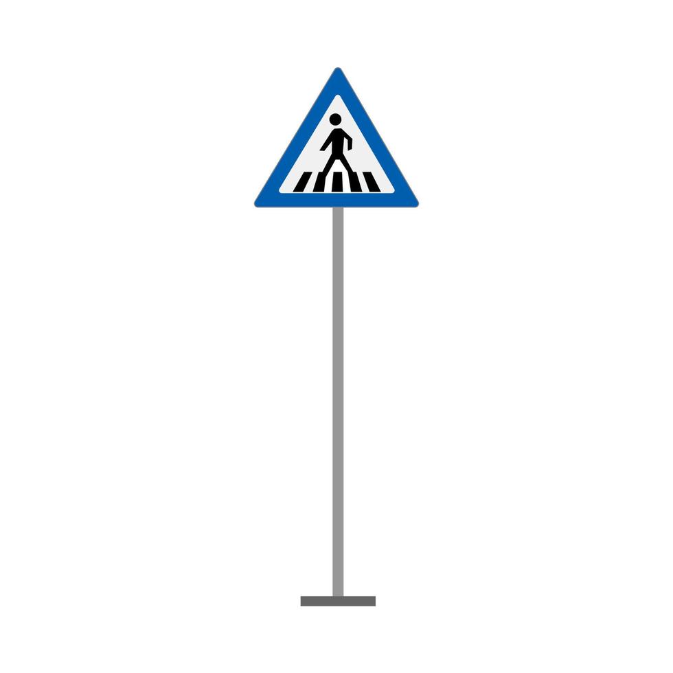 Crosswalk road sign transportation regulation attention vector blue icon. Town walkway control zebra sidewalk warning