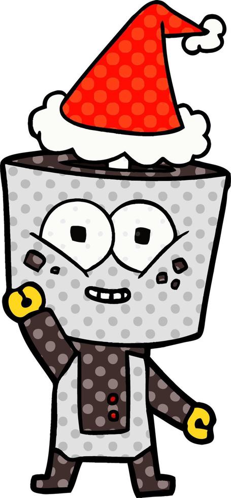 happy comic book style illustration of a robot waving hello wearing santa hat vector
