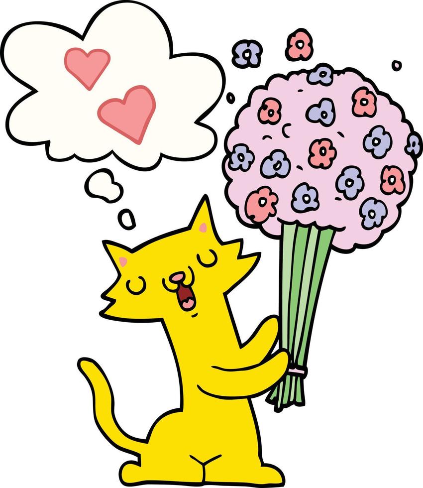 gato de dibujos animados enamorado de las flores y la burbuja del pensamiento vector