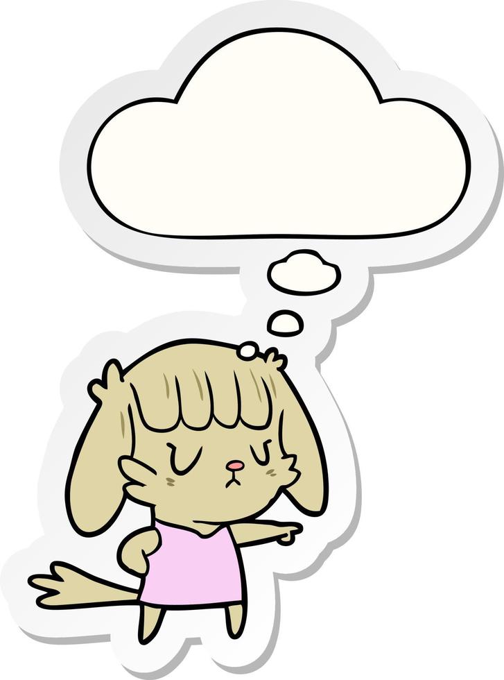 cartoon dog girl pointing and thought bubble as a printed sticker vector